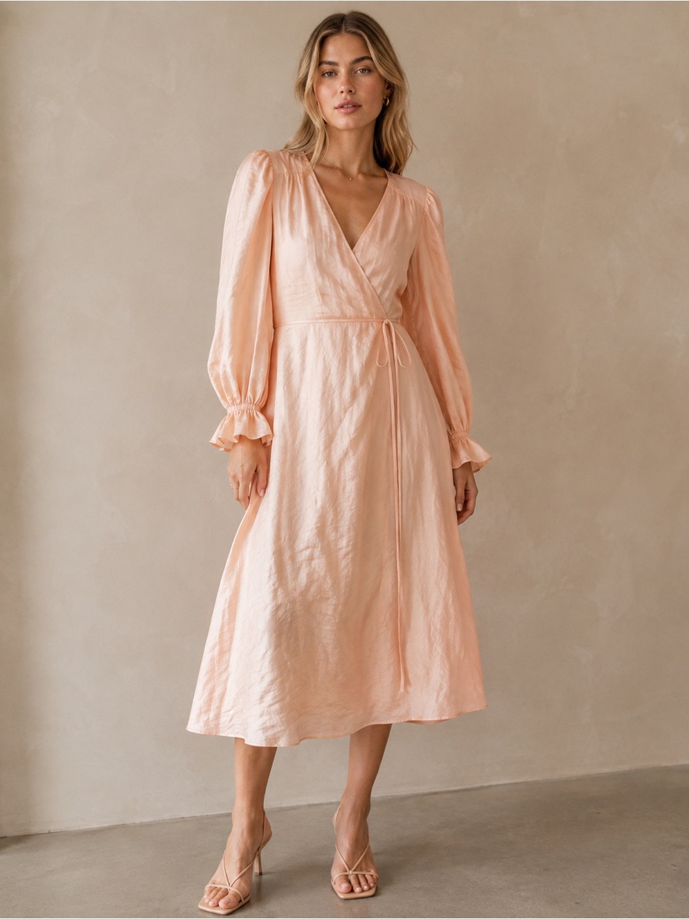 RHODE Resort Emilia Silk Wrap Midi Dress Peach Blush Size Medium Retail $670 New
